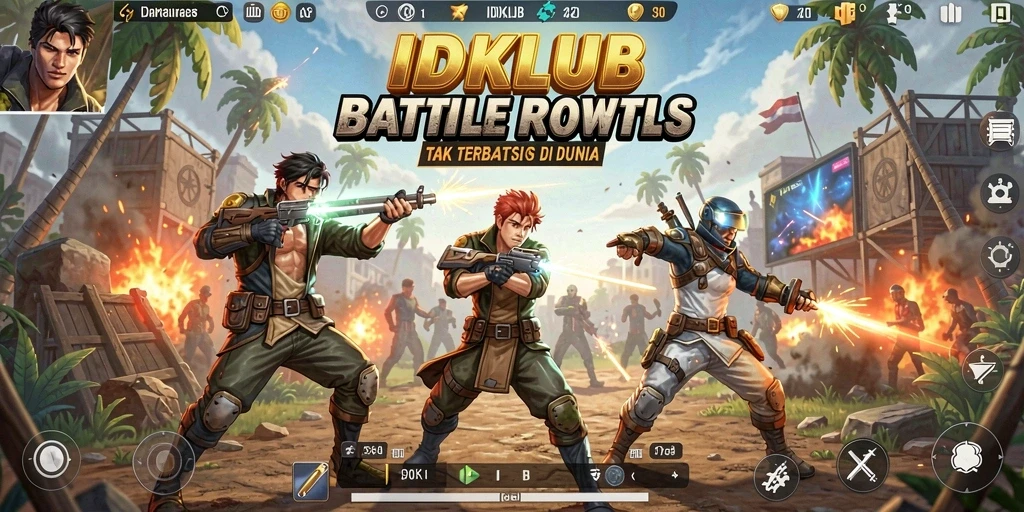 Screenshot IDKLUB menampilkan pemain yang bertarung dalam pertempuran Battle Royale yang seru.