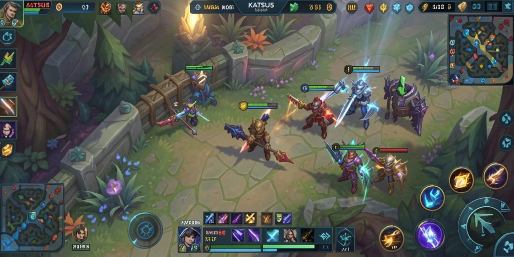 Screenshot KATSU5 menampilkan aksi pertarungan MOBA yang seru.