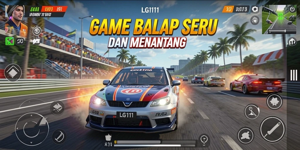 Tampilan gameplay balapan menarik di LG111 dengan kendaraan berkecepatan tinggi.
