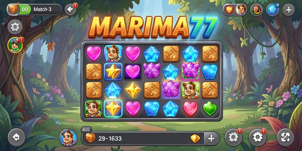 Screenshot utama MARIMA77 menampilkan gameplay Match-3 yang seru.