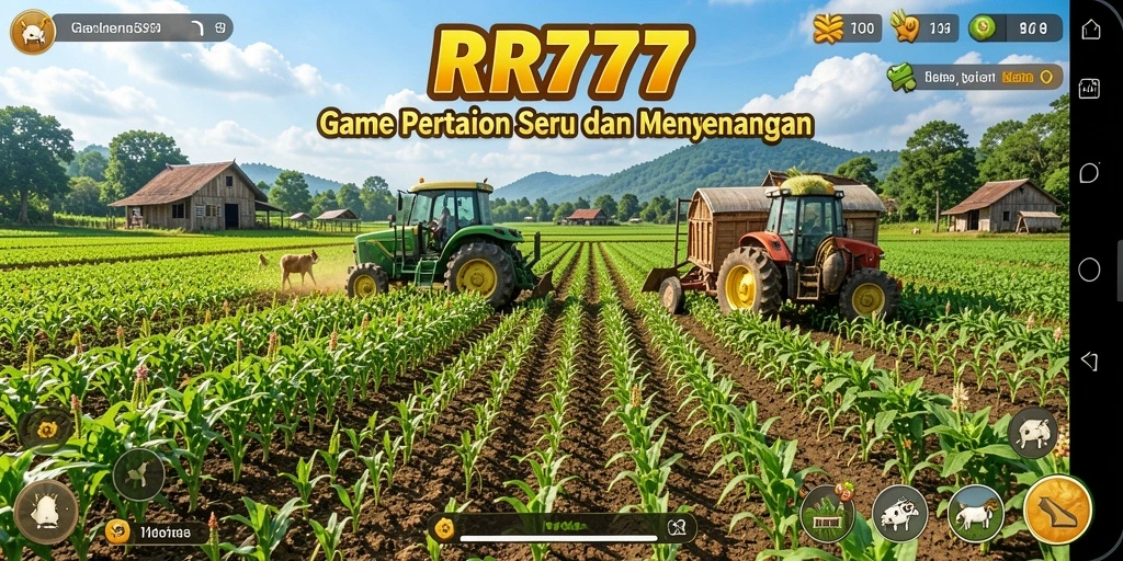 Screenshot gameplay RR777 memperlihatkan ladang hijau yang subur dan hewan ternak yang bahagia.