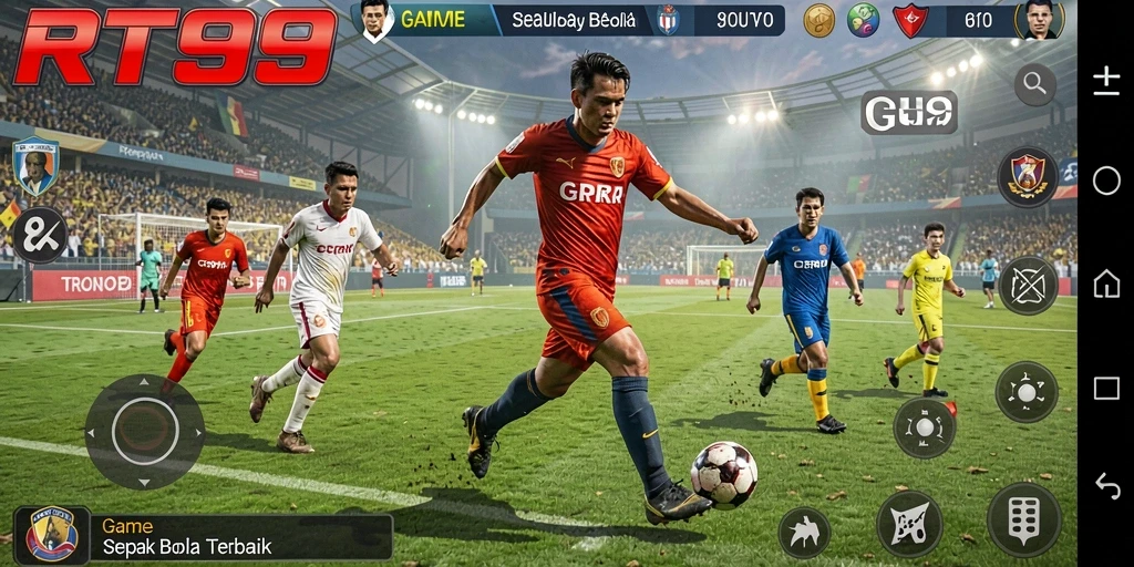 Screenshot gameplay RT99 dengan aksi seru sepak bola.