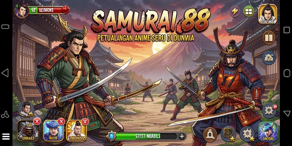 Screenshot gameplay SAMURAI88 dengan aksi mendebarkan dan karakter anime.