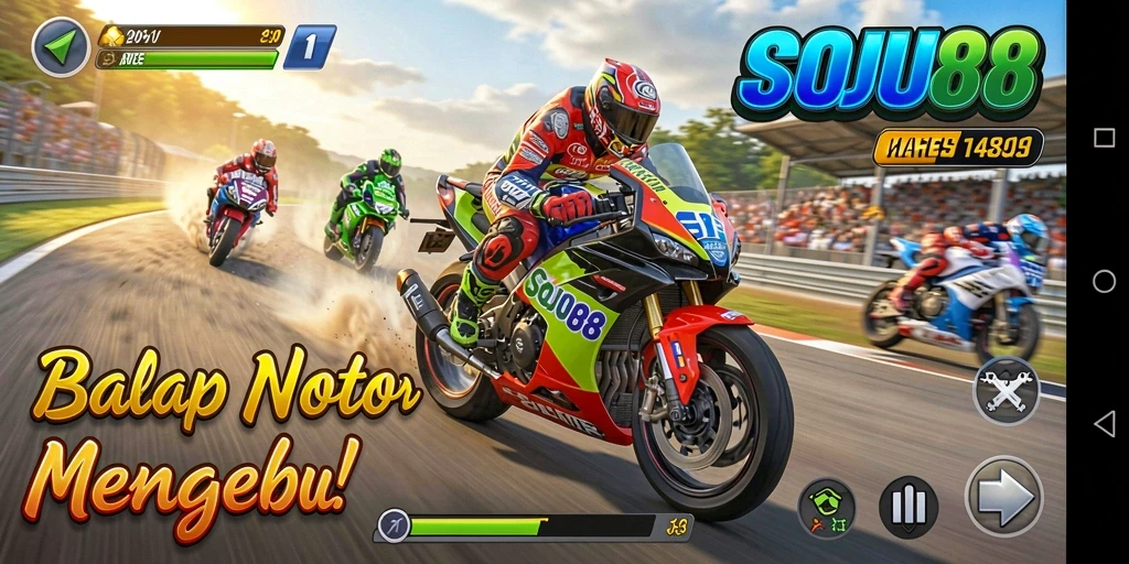 Tampilan gameplay <strong>SOJU88</strong> yang menegangkan saat balapan motor.