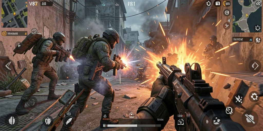 Screenshot gameplay V87 menunjukkan aksi tembak-menembak yang intens.